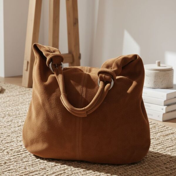 Sac hobo Sorina en daim camel, accessoire mode intemporel