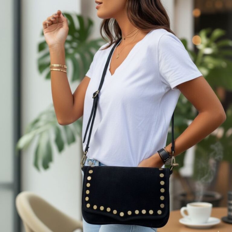 sac à bandoulière en daim couleur noir avec rivets fantaisie sur rabat