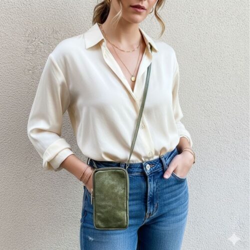 pochette pour téléphone en cuir irisé couleur kaki porté travers ou épaule