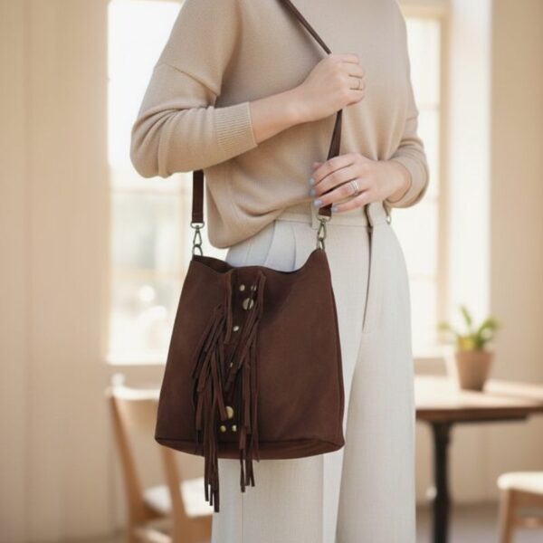 sac en daim à franges couleur chocolat avec rivets fantaisie devant