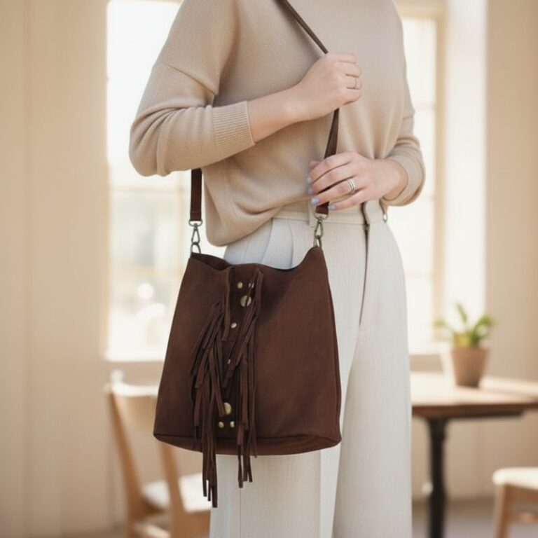 sac en daim à franges couleur chocolat avec rivets fantaisie devant