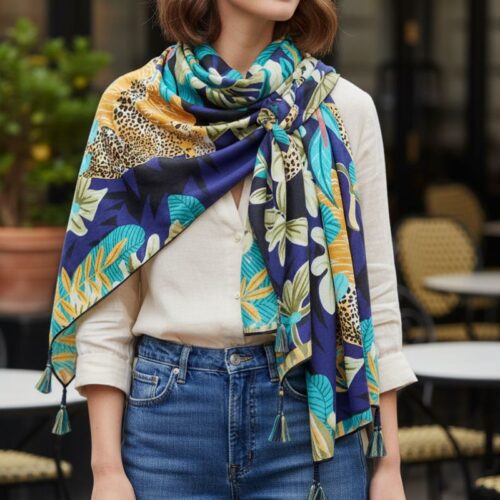 Étole carré panthère sur son rocher création Palme Paris couleur bleu