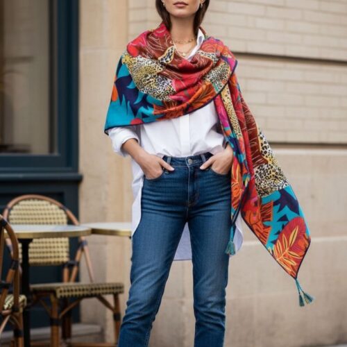 étole carré imprimé panthère sur son rocher marque palme paris