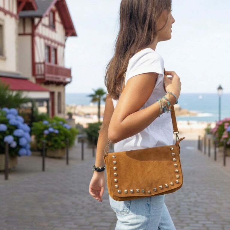 femme portant un sac en daim à bandoulière couleur camel look boheme chic accessoire mode tendance 2026