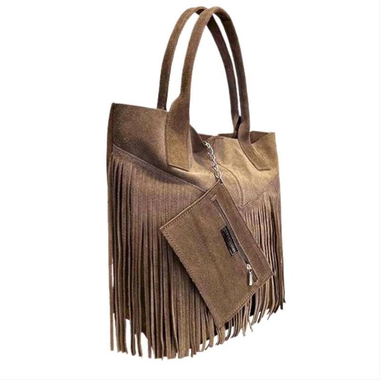 sac cabas en daim à franges style bohème chic couleur taupe