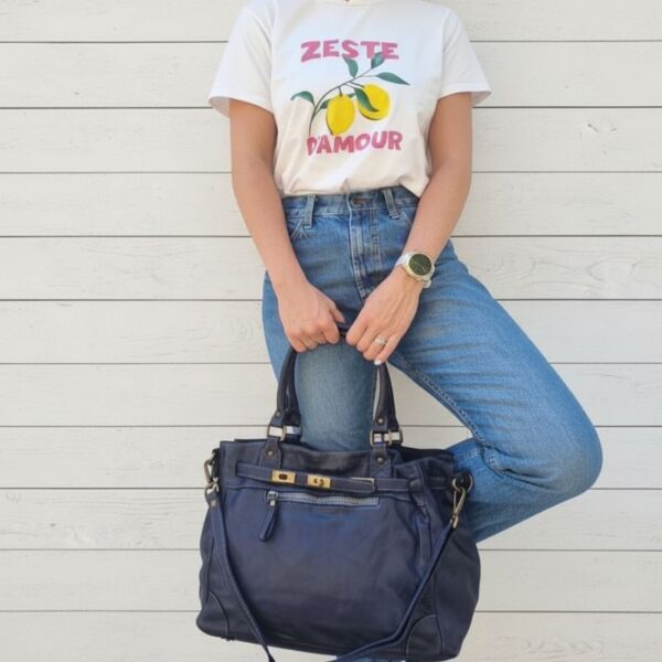 Sac cabas en cuir bleu pour femme, porté épaule avec bandoulière