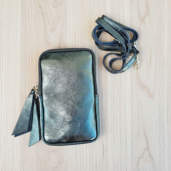 pochette de téléphone cuir irisé kaki
