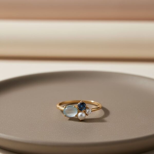 bague pour femme plaqué or 18 carats pierre aigue marine quartz et oxyde de zirconium