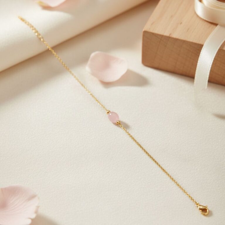 bracelet plaqué or 18 carats avec pierre ovale quartz rose véritable bijou féminin et raffiné