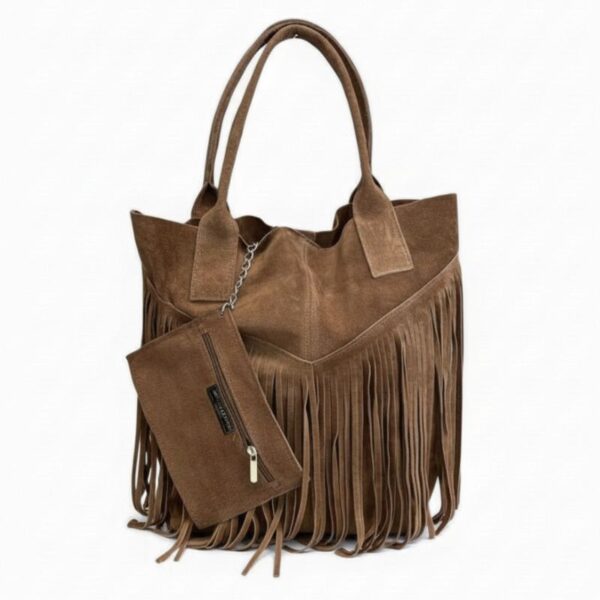 sac cabas en daim à franges style bohème chic couleur taupe