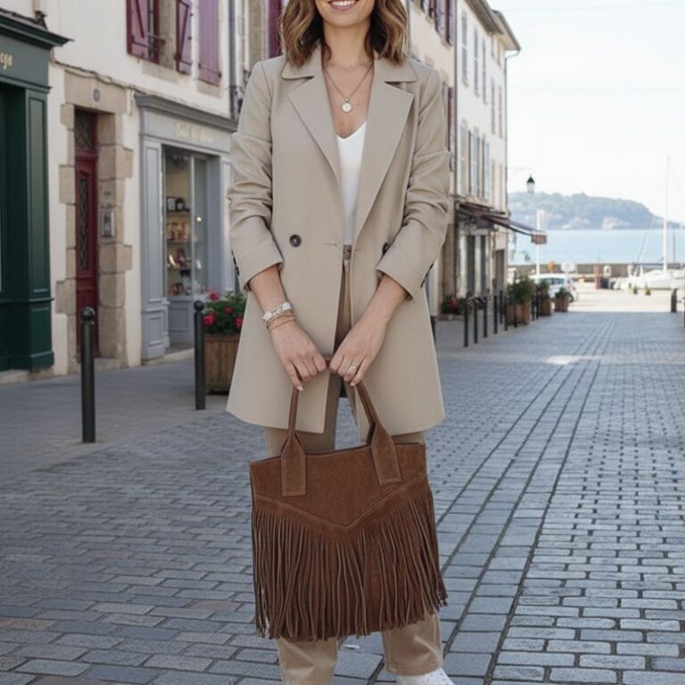 sac cabas en daim à franges style bohème chic couleur taupe
