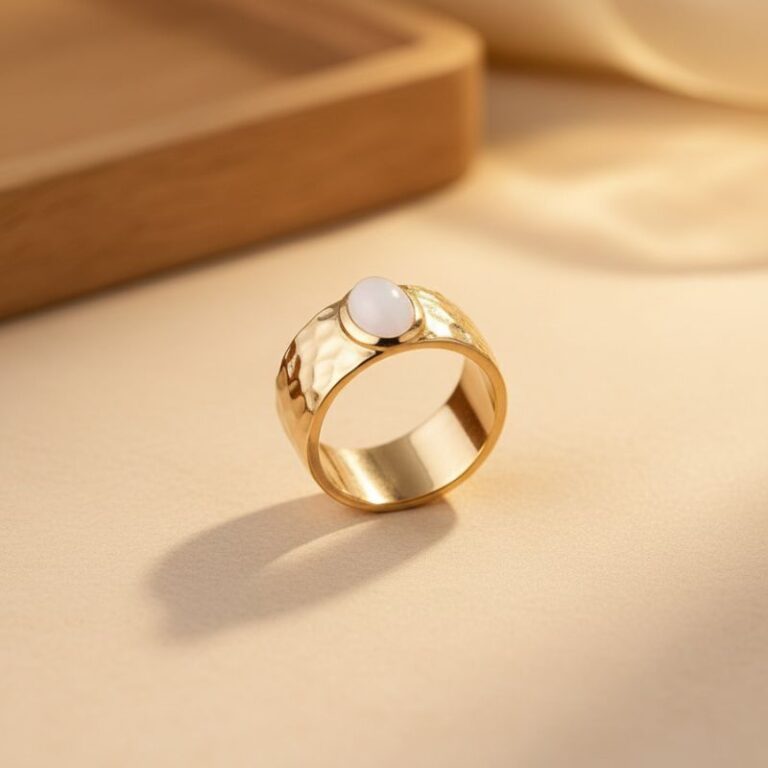 bague plaqué or 18 carats pour femme anneau martelé et pierre de lune véritable