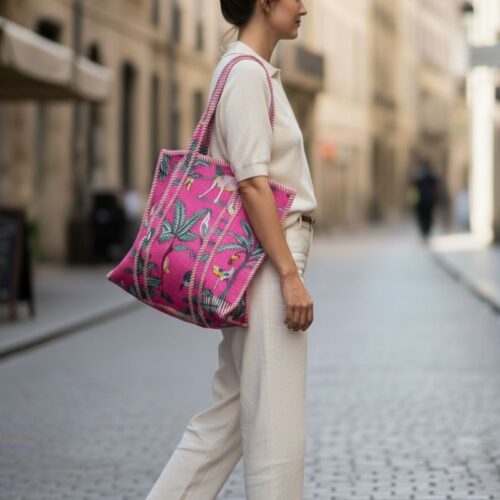 cabas en coton épais imprimé jungle couleur rose vif style casual chic