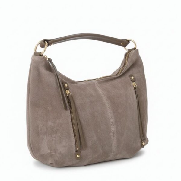 sac en daim forme hobo porté épaule couleur taupe clair