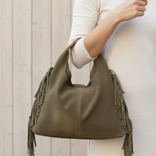 petit sac daim à franges couleur taupe