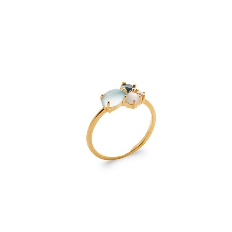 bague pour femme plaqué or 18 carats 5 microns pierre véritable aigue marine quartz et oxyde de zirconium