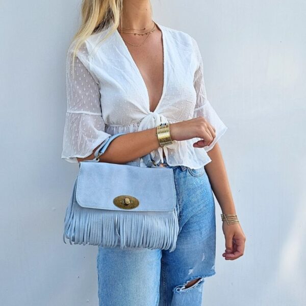 sac franges daim bleu ciel
