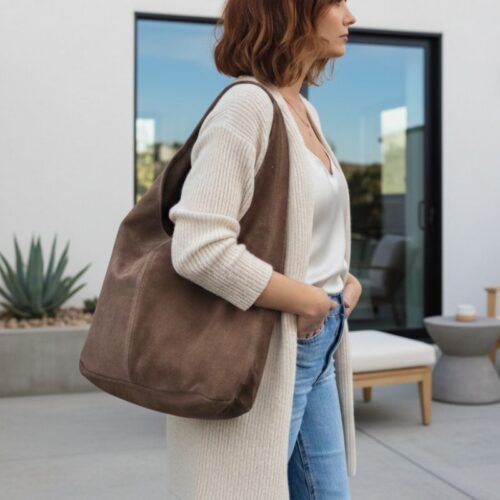 sac daim hobo taupe style décontracté chic