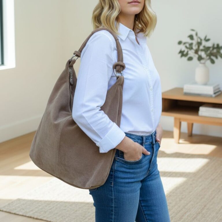 Sac hobo en daim taupe porté à l’épaule avec chemise blanche, style bohème chic