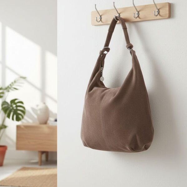 Sac cabas souple taupe en daim, accessoire bohème chic intemporel