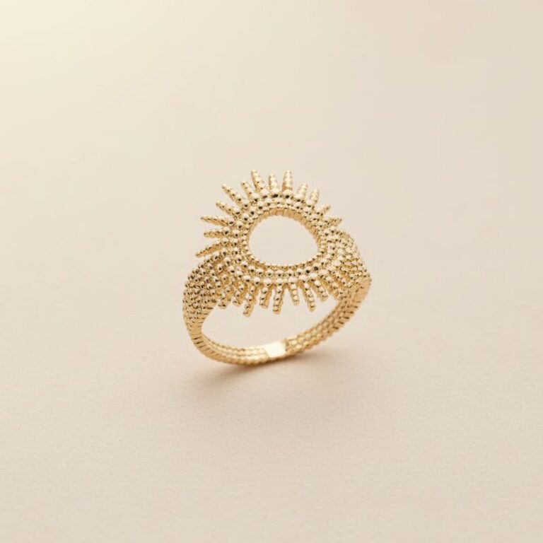 bague plaqué or 18 carats motif soleil ajouré et perlé bijou tendance