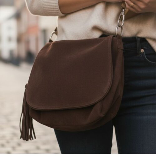 sac besace en daim rabat avec pompon style intemporel couleur chocolat