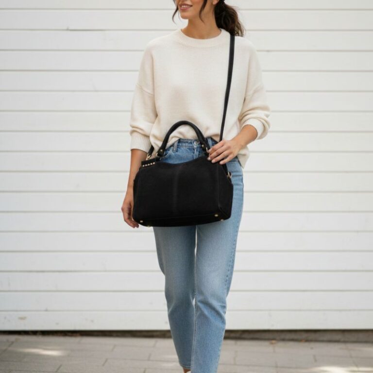 sac à main en daim couleur noir style décontracté chic fabrication italienne