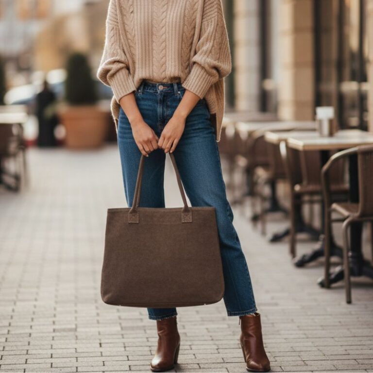 sac cabas daim taupe style décontracté chic et basique