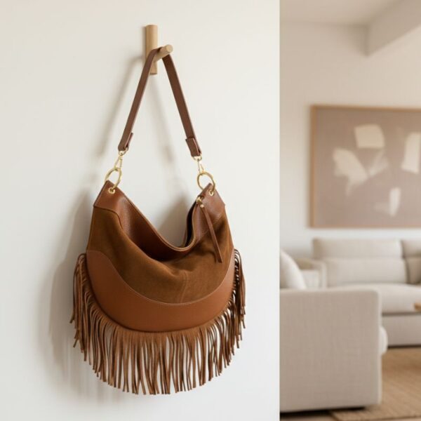 Sac cognac bi matière en cuir et daim avec franges fabrication italienne