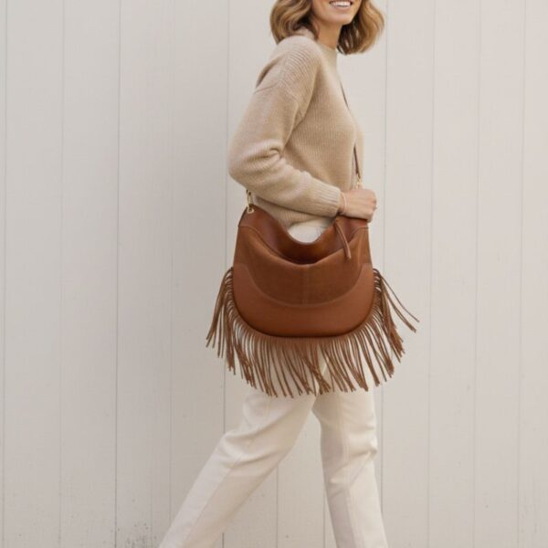 Sac cognac bi matière en cuir et daim avec franges fabrication italienne