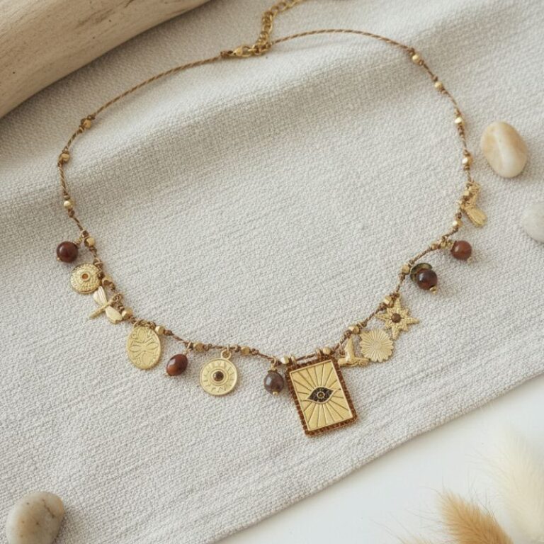 collier sur fil lurex breloques œil, étoile, fleur, coeur MILË MILA