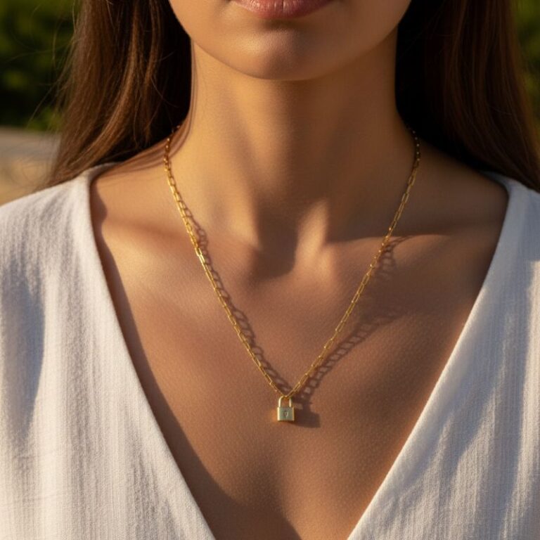 collier femme plaqué or 18 carats avec pendentif petit cadenas orné d'un oxyde de zirconium blanc