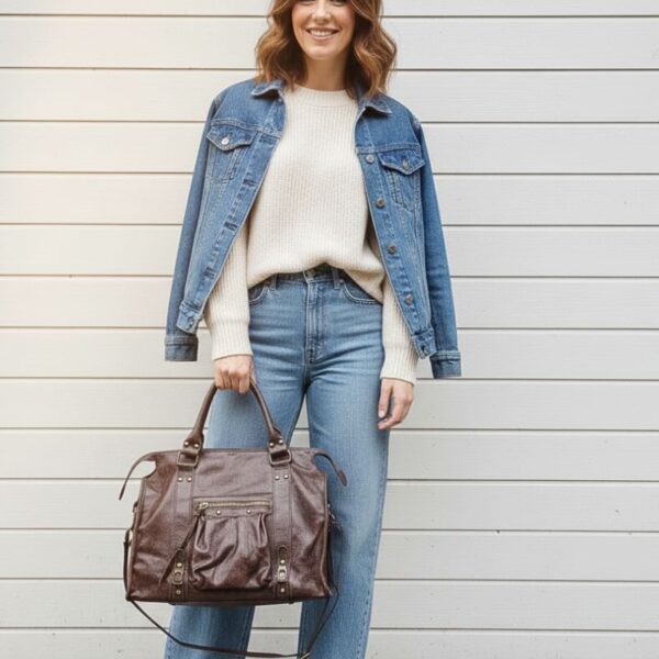 sac à main grand format cuir brossé couleur chocolat porté main ou bandoulière