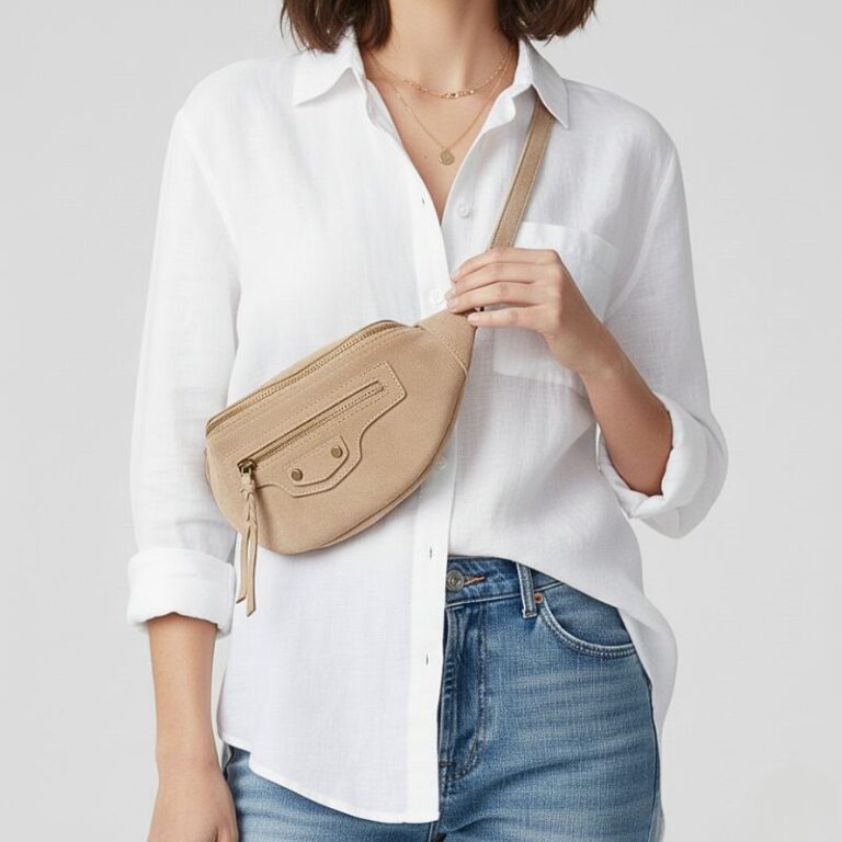 sac banane en daim couleur beige style effortless