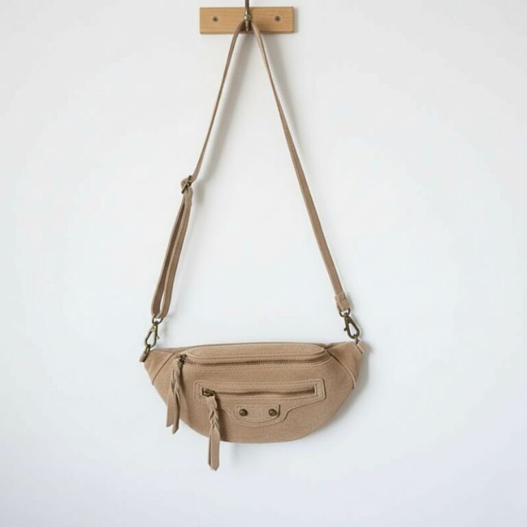 sac banane en daim couleur beige style effortless