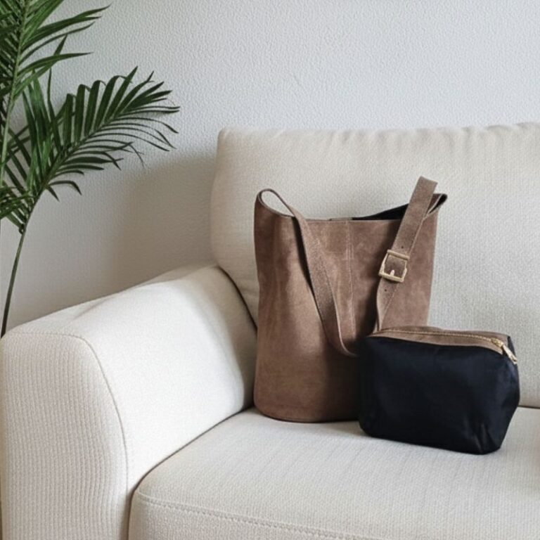 Sac cabas structuré format seau en daim modèle ALBA couleur taupe fabrication italienne