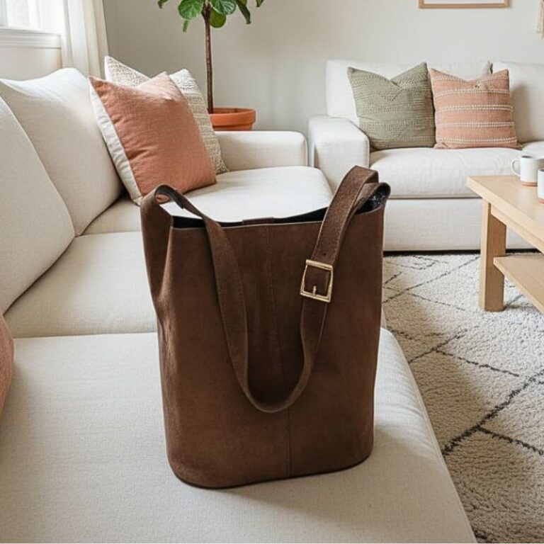 Sac cabas structuré format seau en daim modèle ALBA couleur taupe fabrication italienne