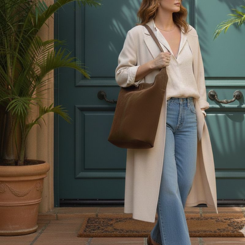 Sac cabas structuré format seau en daim modèle ALBA couleur taupe fabrication italienne