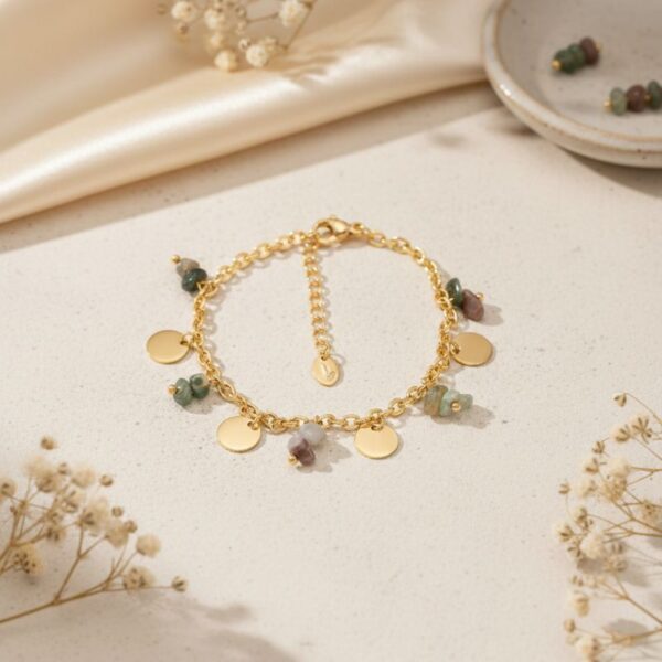 bracelet pampilles rondes acier doré et pierres agate indienne bohm paris