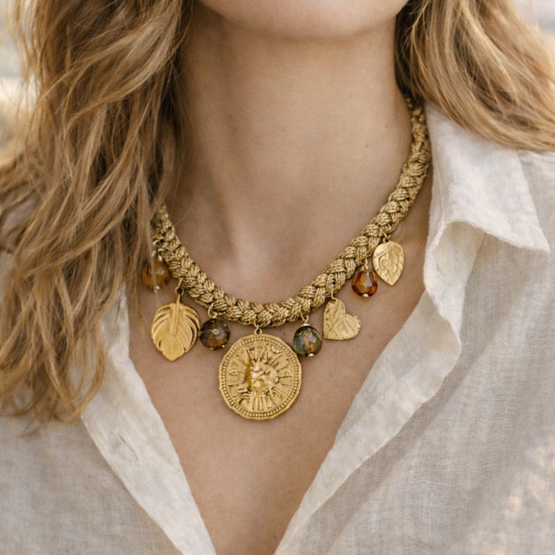 collier lien tressé doré et breloque soleil mile mila bijoux acier tendance mode