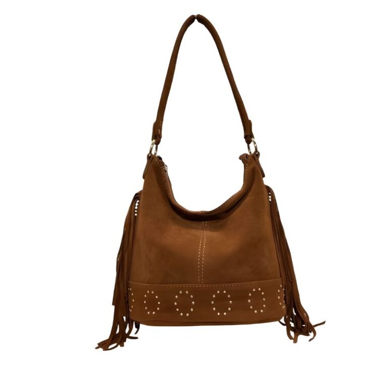 sac seau daim à franges couleur camel