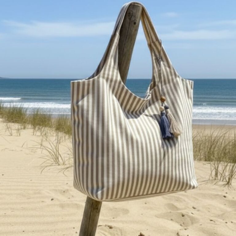 sac de plage coton rayé camel ecru porté épaule