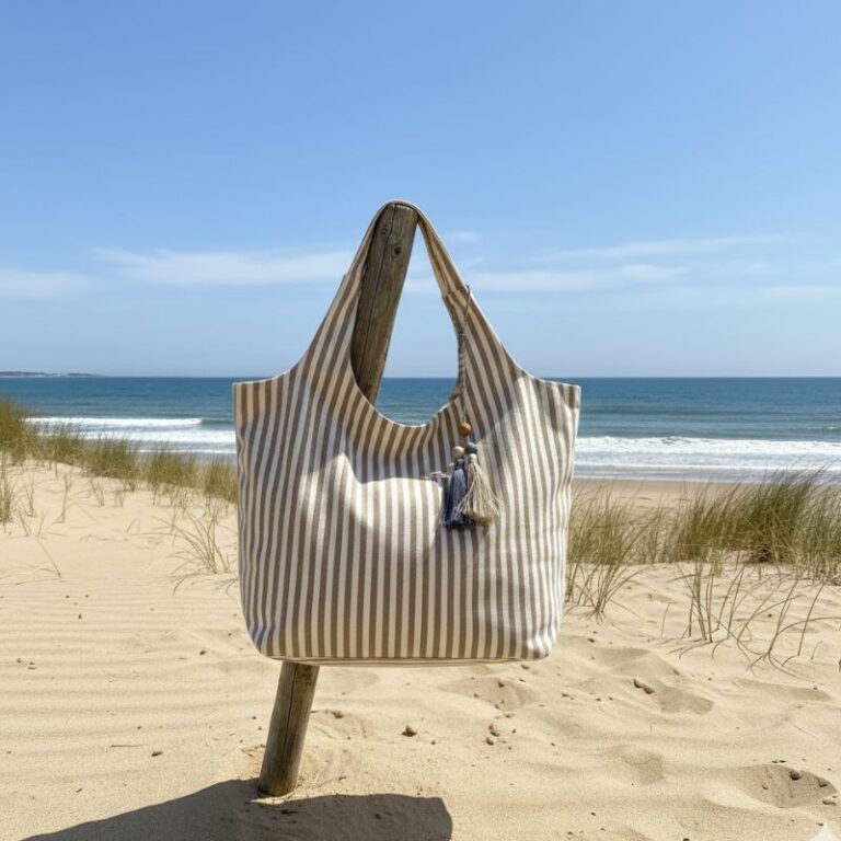 sac de plage coton rayure camel et ecru