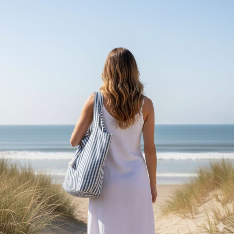 sac de plage coton rayé bleu et écru porté épaule plage de Seignosse