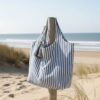 grand sac de plage coton raye bleu et ecru grand format