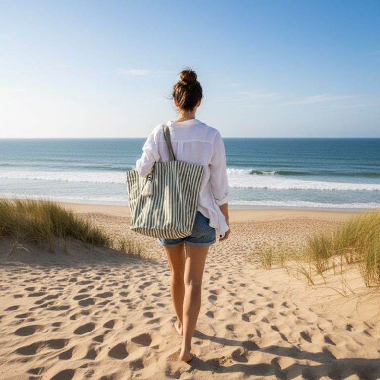 sac de plage grand modèle en coton rayé vert porté à l'épaule sur la plage de Hossegor