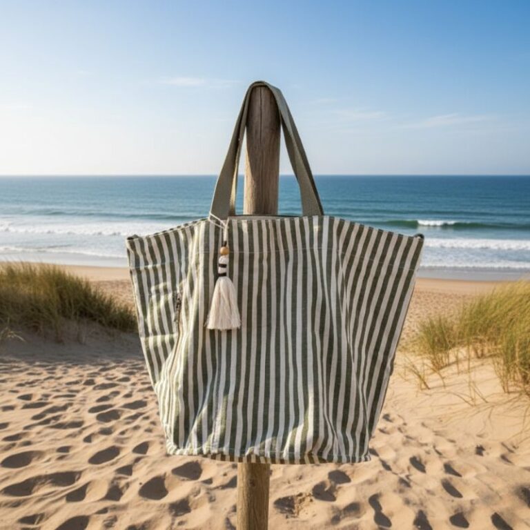 sac de plage grand modèle rayé vert posé sur la plage à Hossegor