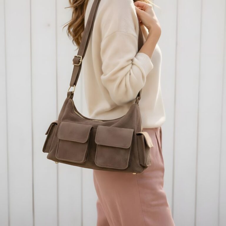 Sac en cuir suède multipoche Sienna porté à l’épaule, style chic et décontracté couleur taupe
