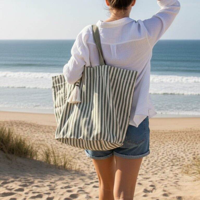 sac de plage rayé vert et blanc grand format porté à Hossegor