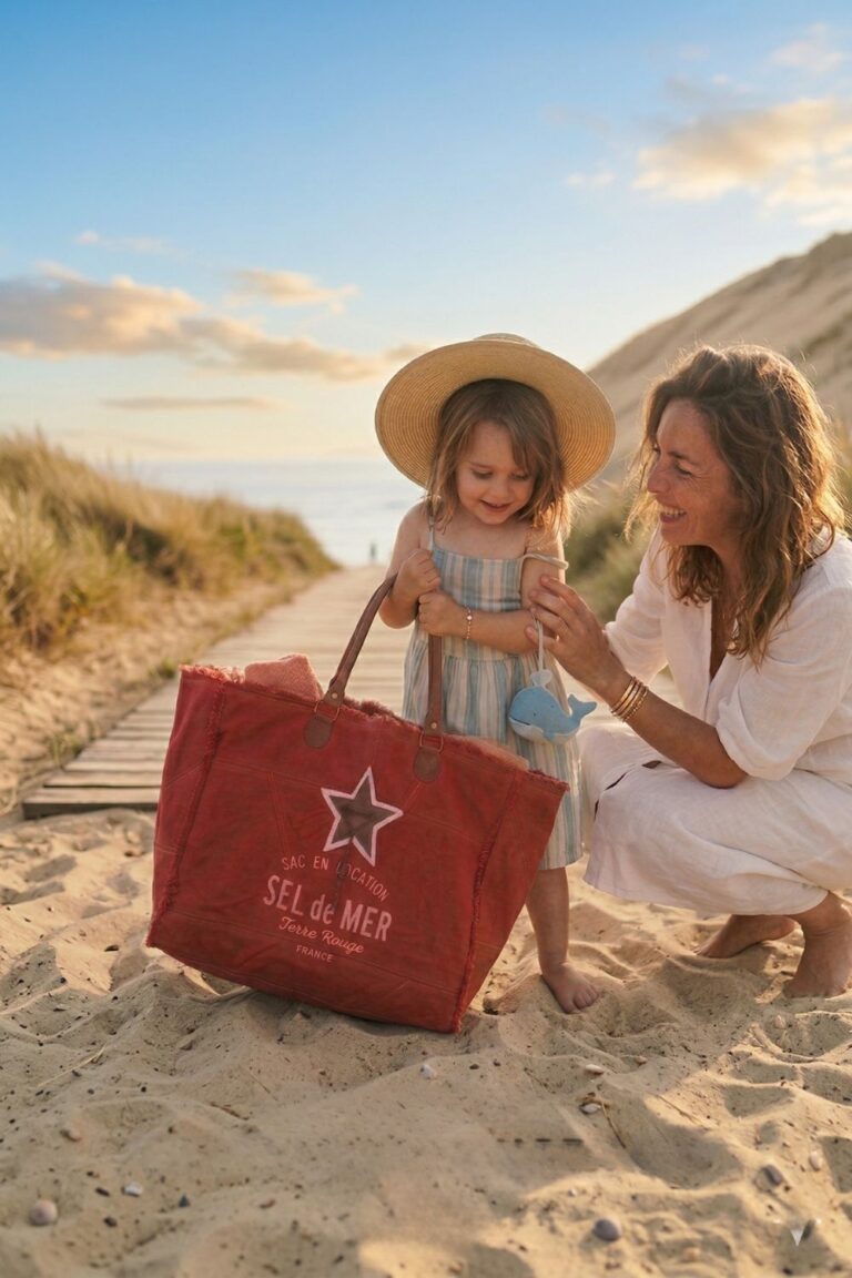 Une femme et une petite fille sur la plage avec un grand sac de plage rouge Sel de Mer en toile recyclée.